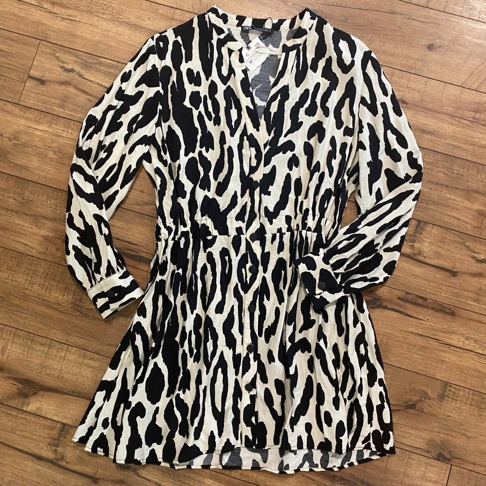 NWT Zara Animal Print Shirt Dress Black & White Size Medium